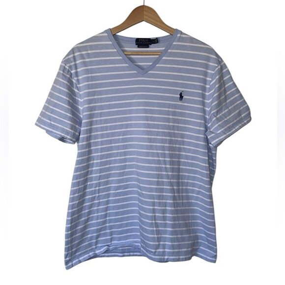 Polo Ralph Lauren Custom Slim Fit Striped V-Neck T-Shirt‎ XL Blue White - Picture 1 of 8